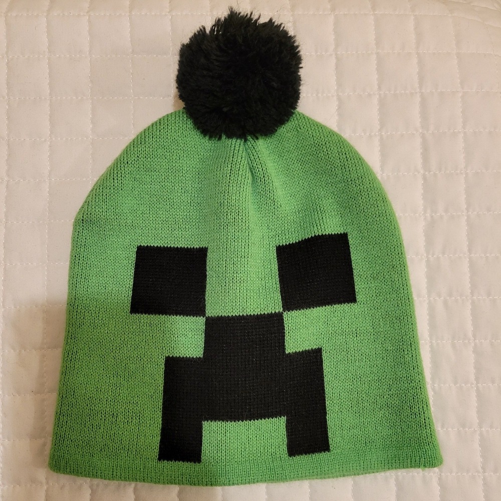 2017 Minecraft Creeper Pom Beanie Green Black Knit Hat Gamer Skater Winter Alt